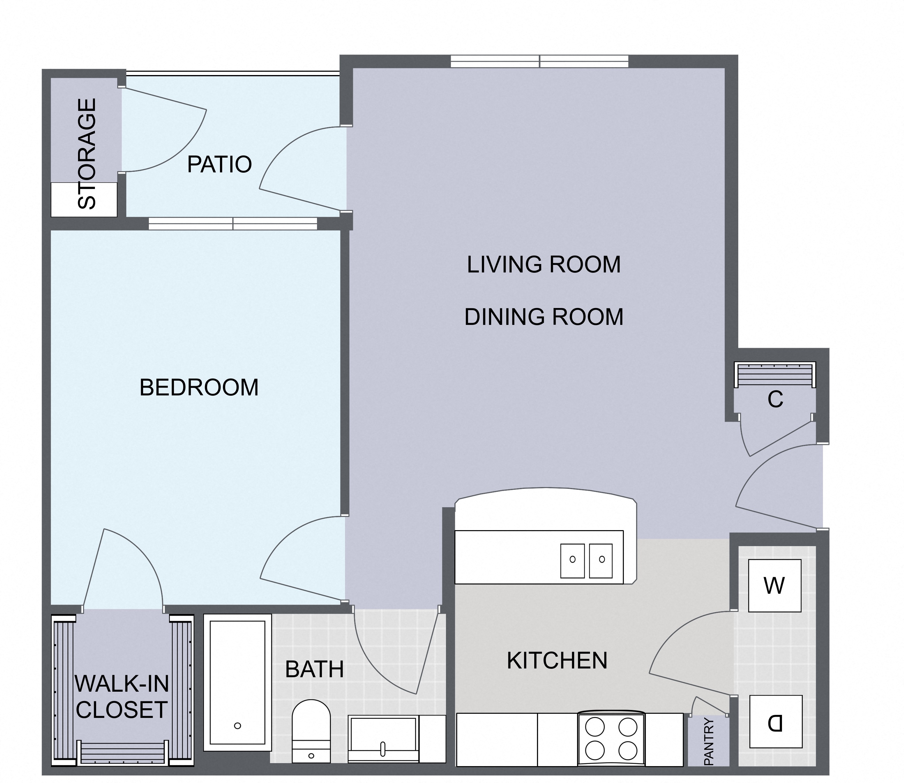 Floor plan for 1 bed, 1 bath, 674 sqft